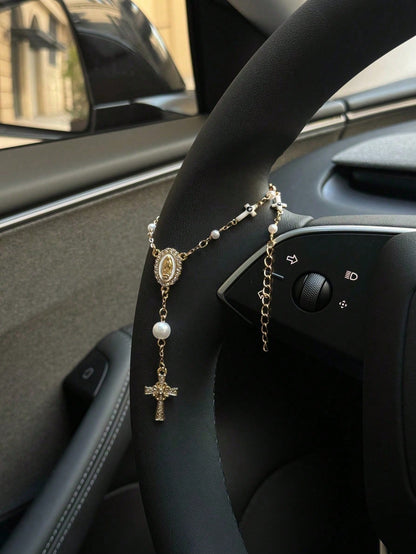 1pc Steering Wheel Rosary Hanging Ornament| Rosary Car Pendant Accessory| Car Decor| Car Pendant| Unique Fashion Car Pendant Decoration