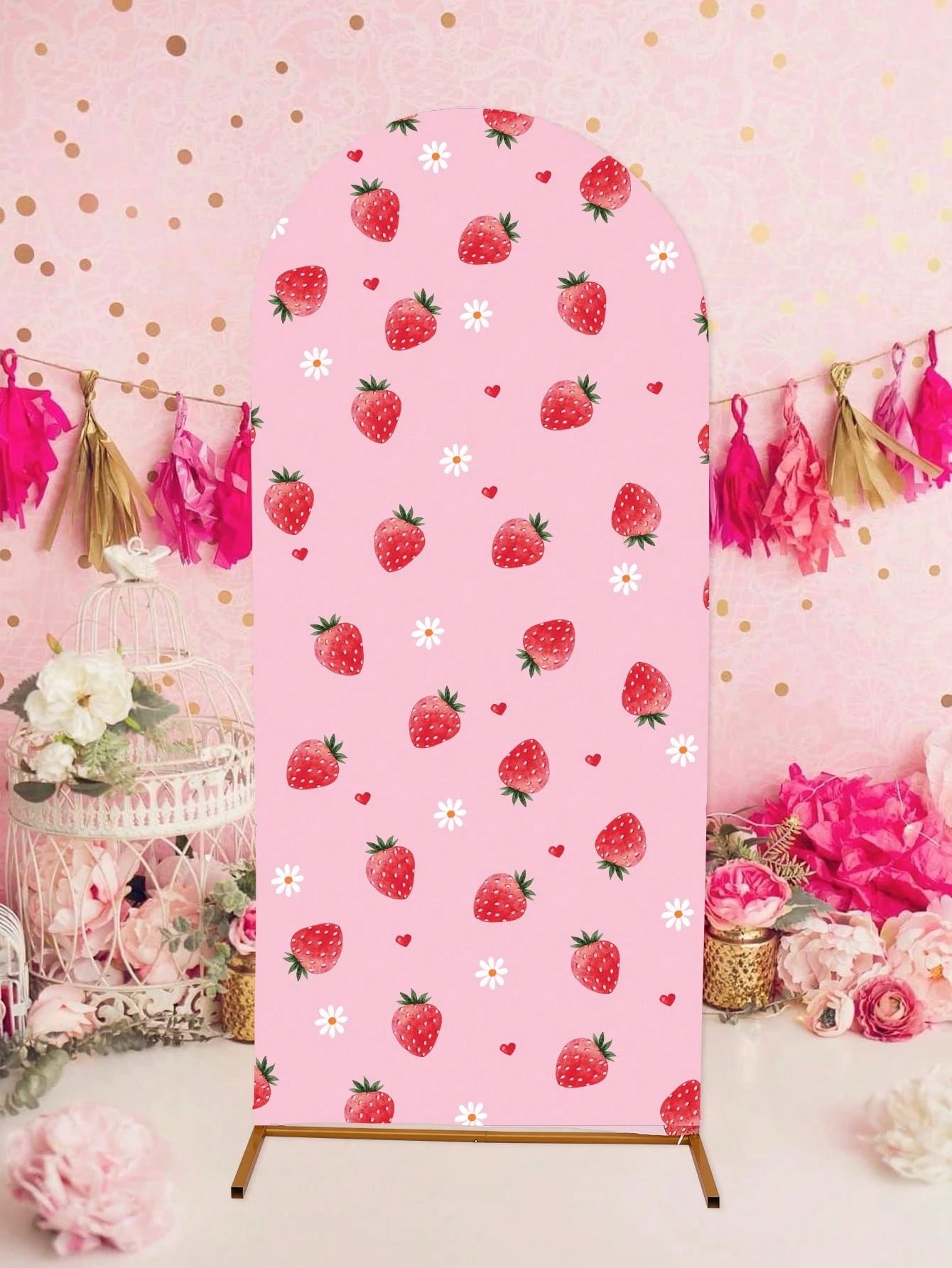 1pc Strawberry Arch Backdrop, Polyester Backdrop Cloth (Excluding Stand), Arch-Shaped Cloth Cover, Can Be Paired With Balloons For Decoration, Strawberry Themed Party Supplies, Baby Shower Decor, Gend