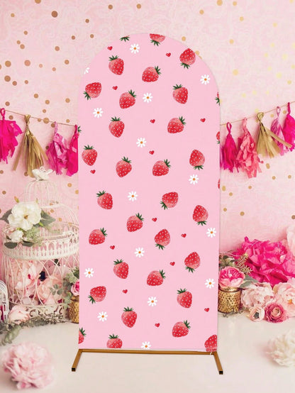 1pc Strawberry Arch Backdrop, Polyester Backdrop Cloth (Excluding Stand), Arch-Shaped Cloth Cover, Can Be Paired With Balloons For Decoration, Strawberry Themed Party Supplies, Baby Shower Decor, Gend