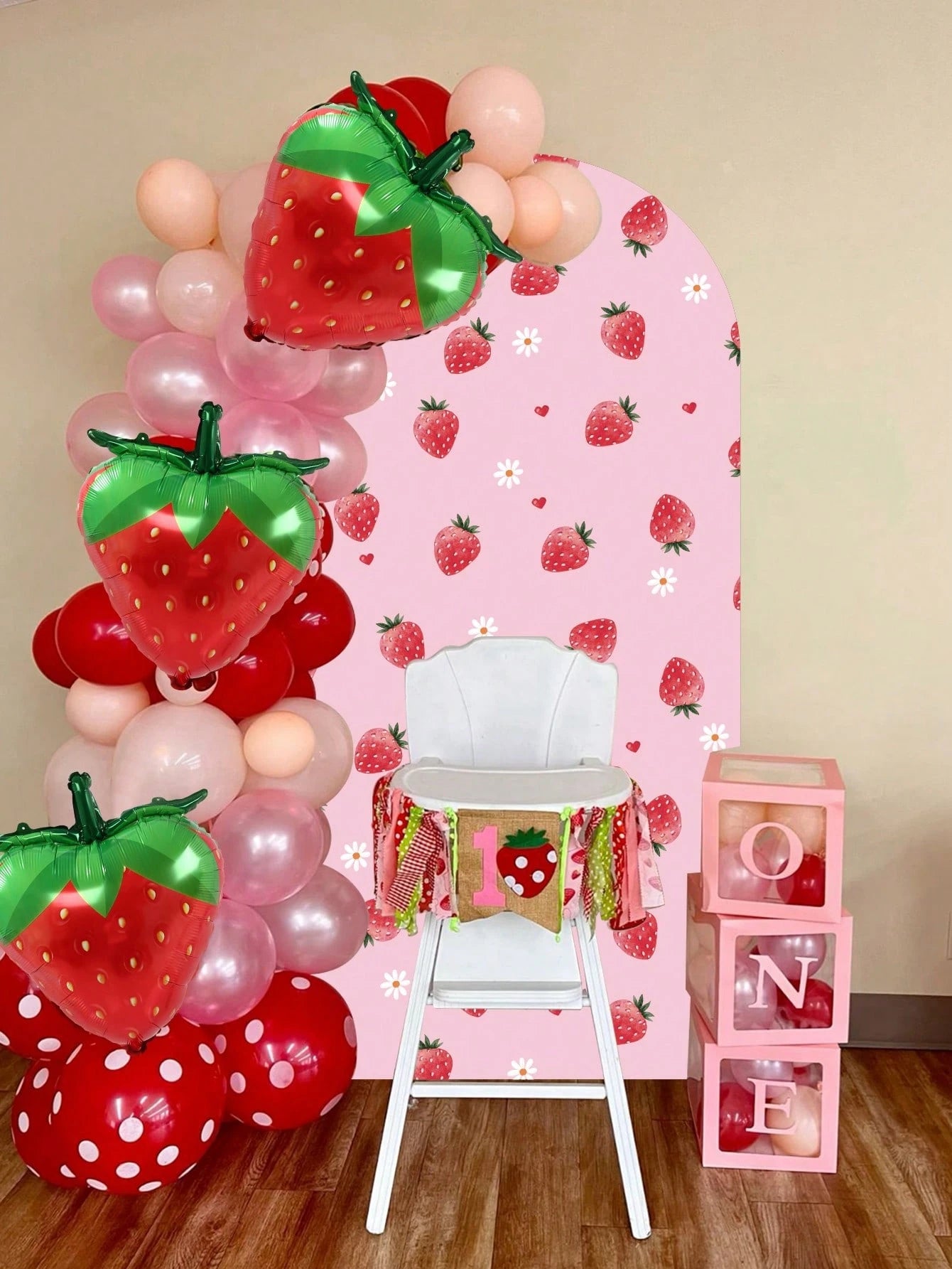 1pc Strawberry Arch Backdrop, Polyester Backdrop Cloth (Excluding Stand), Arch-Shaped Cloth Cover, Can Be Paired With Balloons For Decoration, Strawberry Themed Party Supplies, Baby Shower Decor, Gend