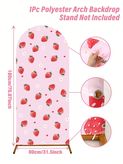 1pc Strawberry Arch Backdrop, Polyester Backdrop Cloth (Excluding Stand), Arch-Shaped Cloth Cover, Can Be Paired With Balloons For Decoration, Strawberry Themed Party Supplies, Baby Shower Decor, Gend