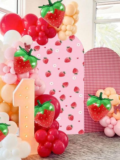 1pc Strawberry Arch Backdrop, Polyester Backdrop Cloth (Excluding Stand), Arch-Shaped Cloth Cover, Can Be Paired With Balloons For Decoration, Strawberry Themed Party Supplies, Baby Shower Decor, Gend