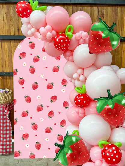 1pc Strawberry Arch Backdrop, Polyester Backdrop Cloth (Excluding Stand), Arch-Shaped Cloth Cover, Can Be Paired With Balloons For Decoration, Strawberry Themed Party Supplies, Baby Shower Decor, Gend