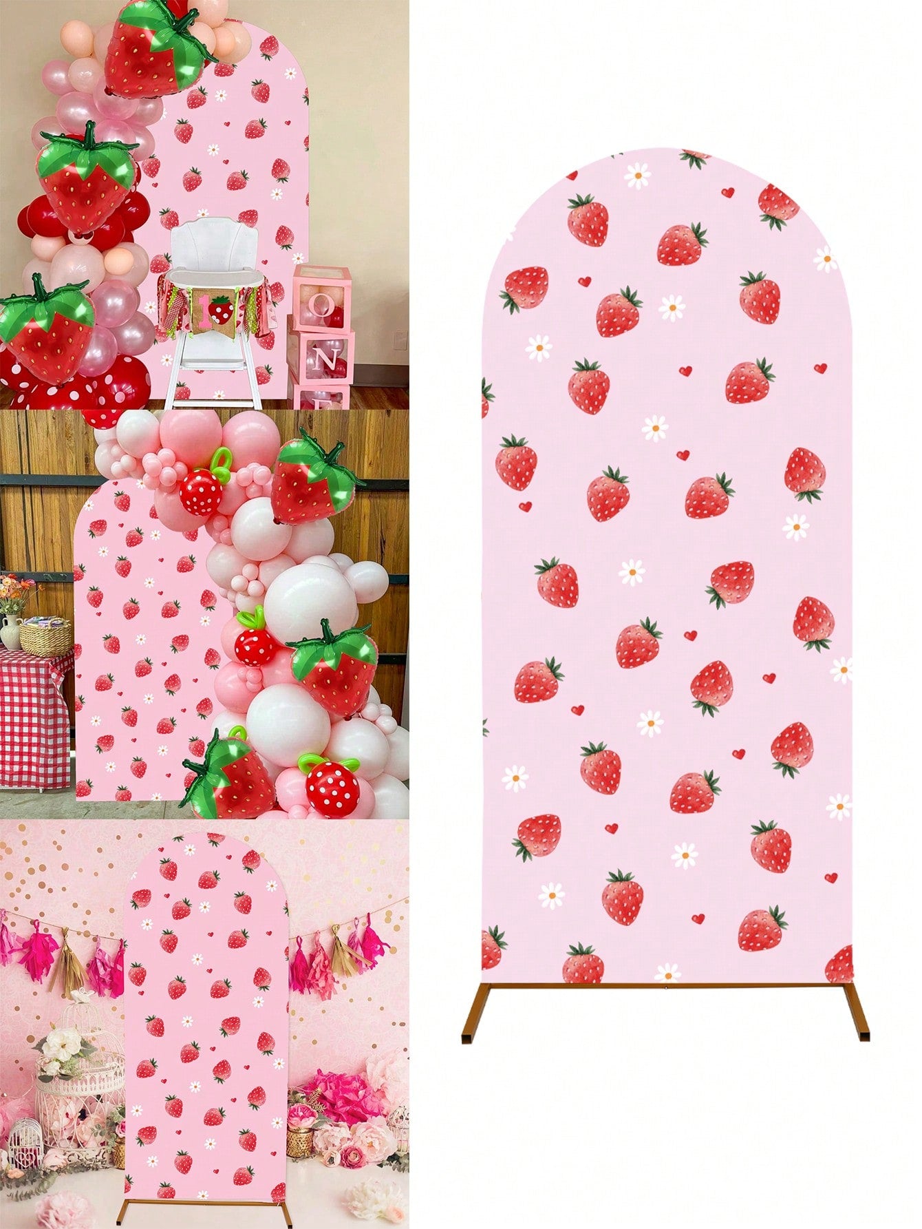 1pc Strawberry Arch Backdrop, Polyester Backdrop Cloth (Excluding Stand), Arch-Shaped Cloth Cover, Can Be Paired With Balloons For Decoration, Strawberry Themed Party Supplies, Baby Shower Decor, Gend