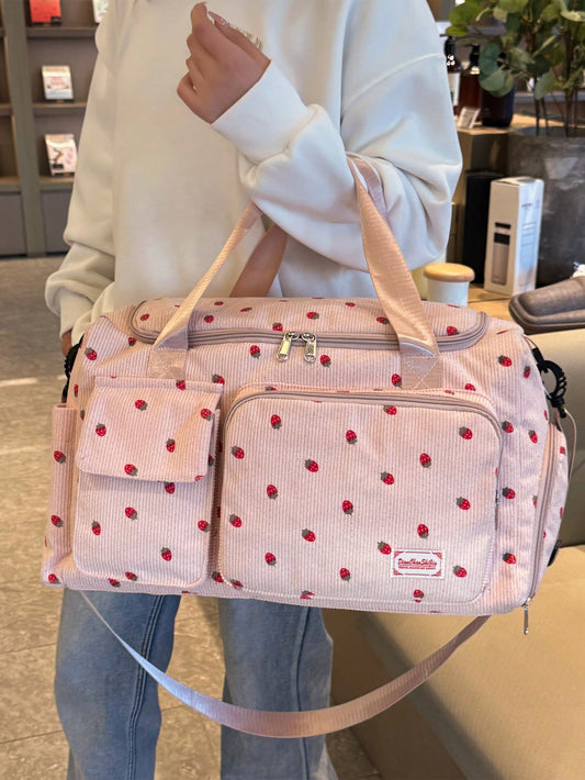 1pc Strawberry Printed Corduroy Large Capacity Travel Bag, Diaper Bag, Hospital Bag Maternity, Portable, Lightweight,, Stylish, For Home