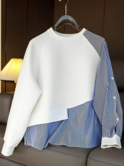 1pc Striped Patchwork Contrast Color Ribbed Button Women Top, Daily Wear, Spring/Autumn, White, Black, Blue, Pink, Green, Yellow