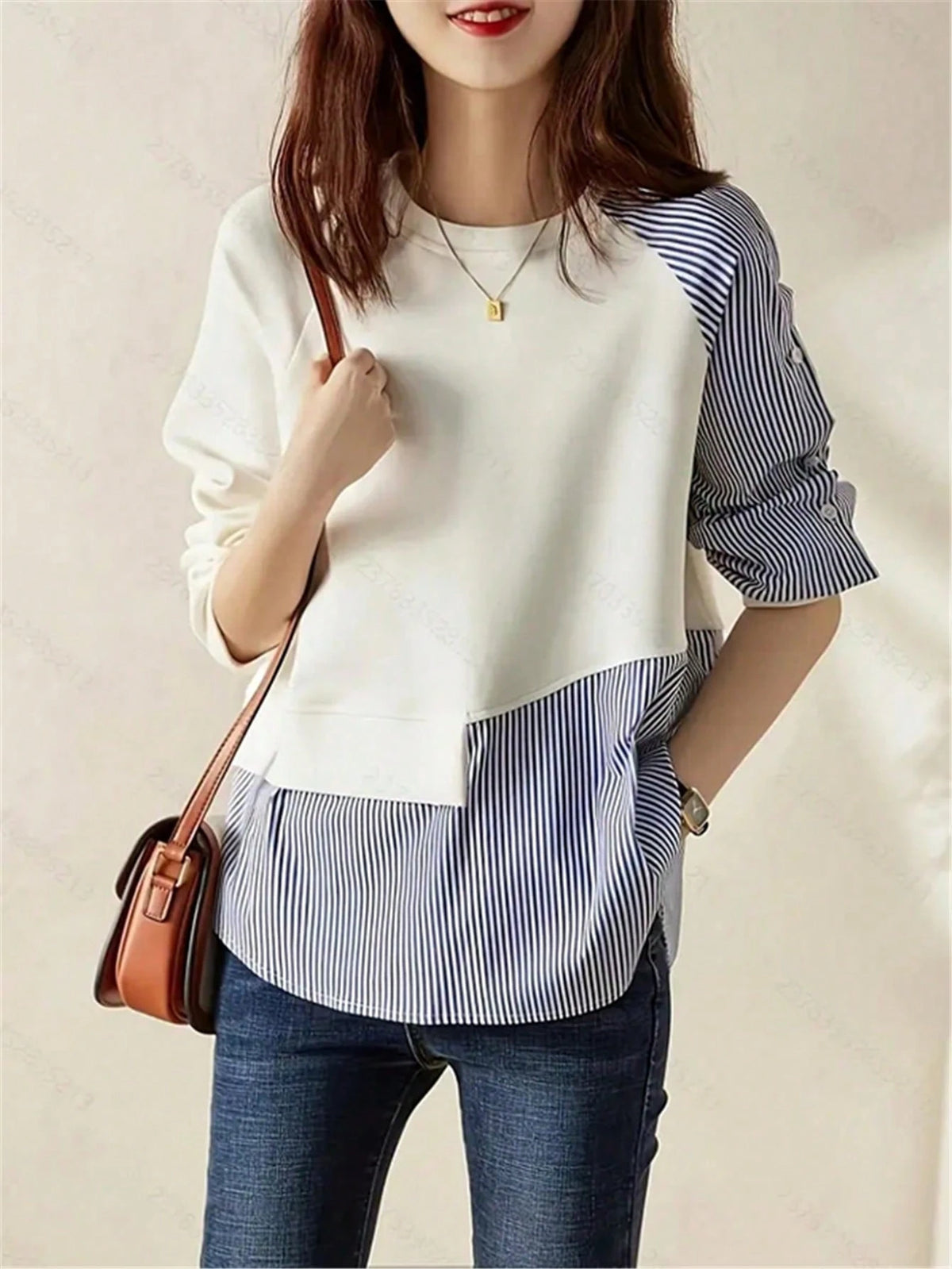 1pc Striped Patchwork Contrast Color Ribbed Button Women Top, Daily Wear, Spring/Autumn, White, Black, Blue, Pink, Green, Yellow
