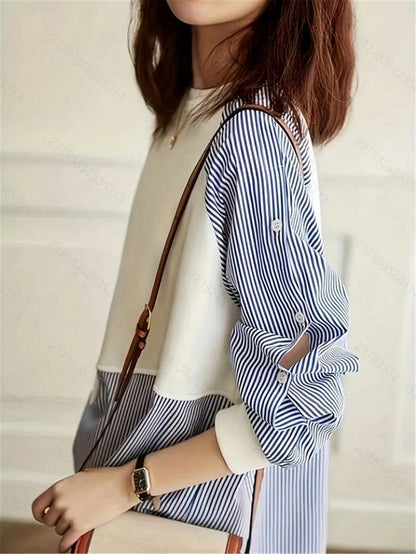 1pc Striped Patchwork Contrast Color Ribbed Button Women Top, Daily Wear, Spring/Autumn, White, Black, Blue, Pink, Green, Yellow