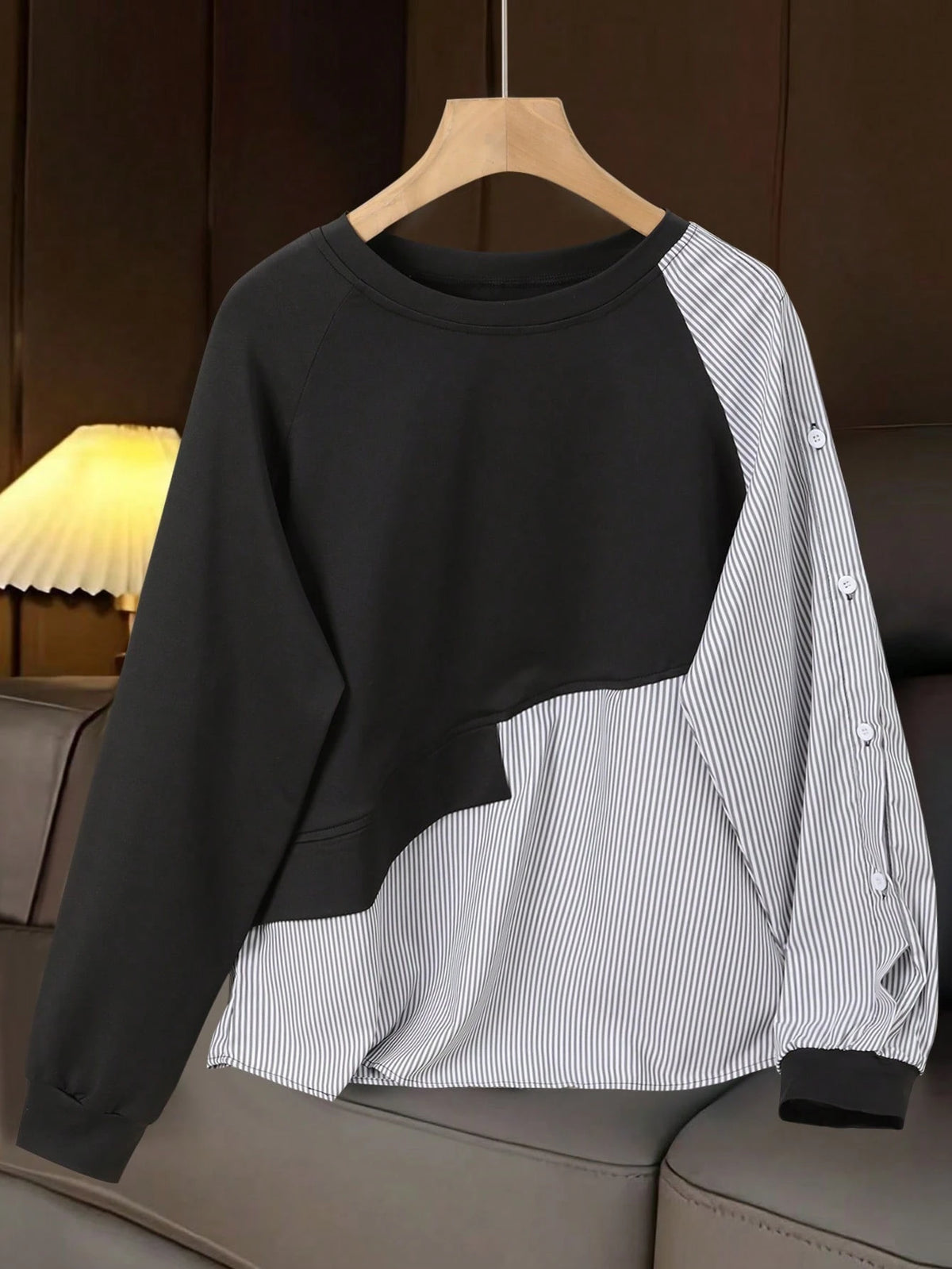 1pc Striped Patchwork Contrast Color Ribbed Button Women Top, Daily Wear, Spring/Autumn, White, Black, Blue, Pink, Green, Yellow