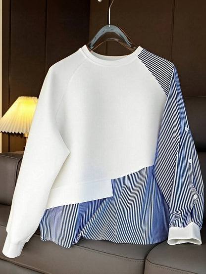 1pc Striped Patchwork Contrast Color Ribbed Button Women Top, Daily Wear, Spring/Autumn, White, Black, Blue, Pink, Green, Yellow