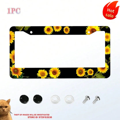 1PC Sunflower Themed License Plate Cover Aluminum Metal License Plate Holder Frame With Yellow Sunflowers Decorative Design Vehicles