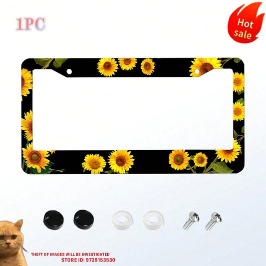 1PC Sunflower Themed License Plate Cover Aluminum Metal License Plate Holder Frame With Yellow Sunflowers Decorative Design Vehicles