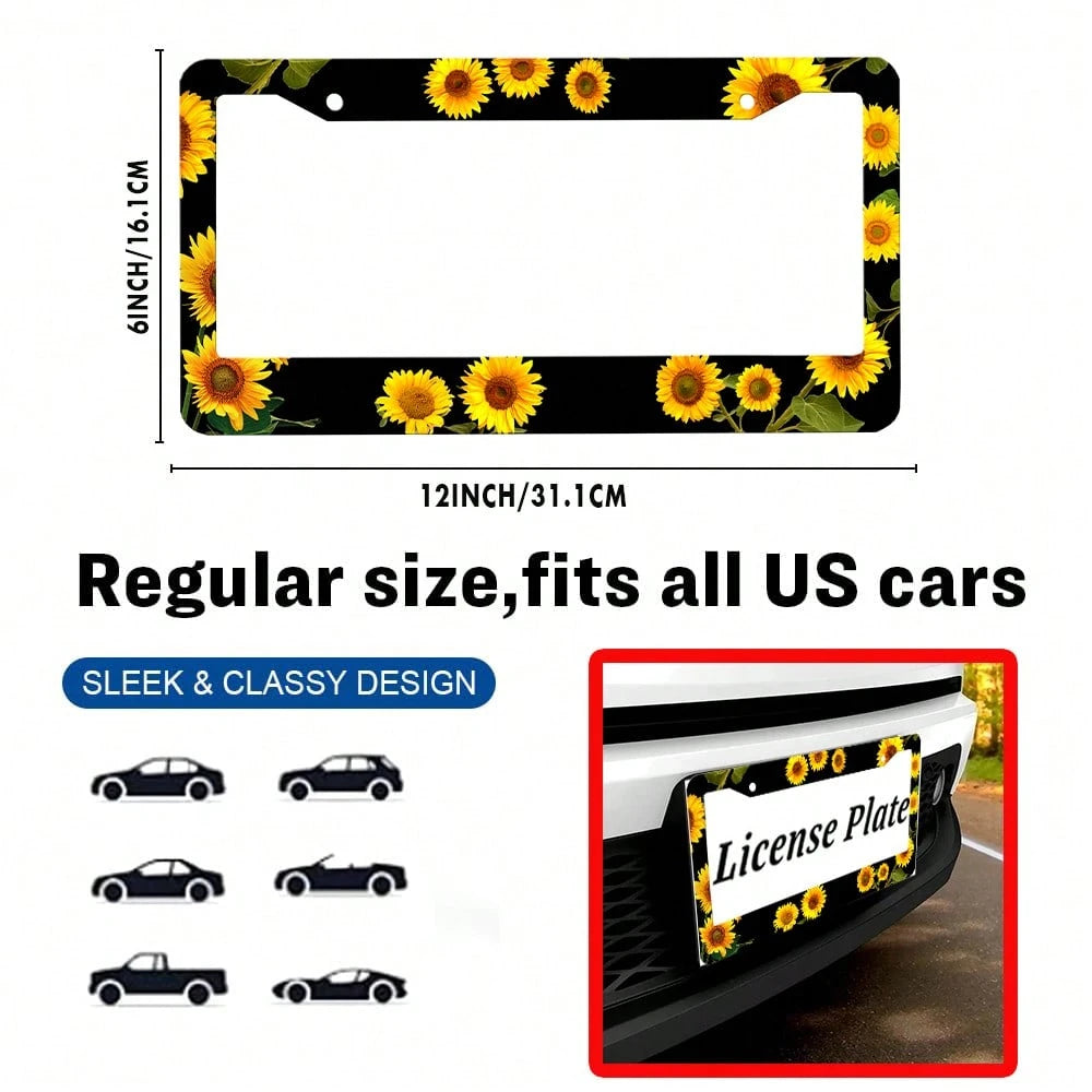 1PC Sunflower Themed License Plate Cover Aluminum Metal License Plate Holder Frame With Yellow Sunflowers Decorative Design Vehicles
