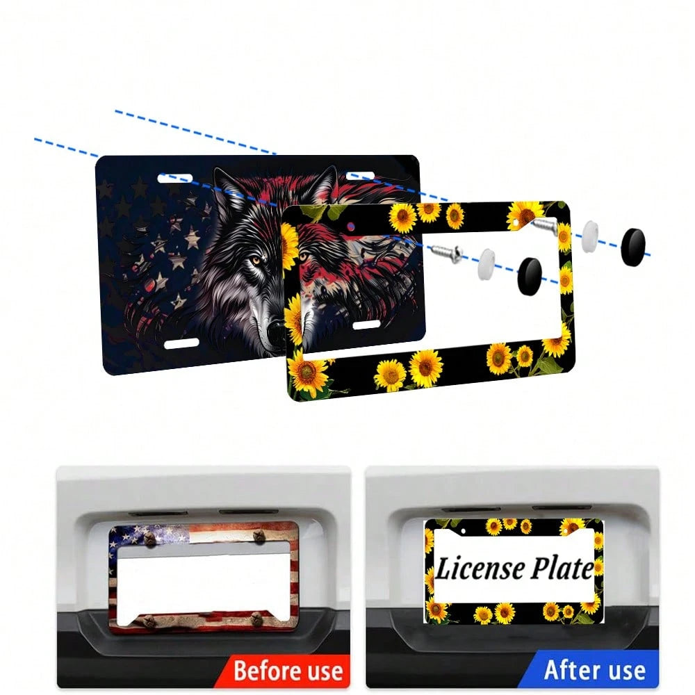 1PC Sunflower Themed License Plate Cover Aluminum Metal License Plate Holder Frame With Yellow Sunflowers Decorative Design Vehicles