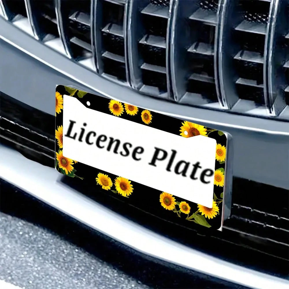 1PC Sunflower Themed License Plate Cover Aluminum Metal License Plate Holder Frame With Yellow Sunflowers Decorative Design Vehicles