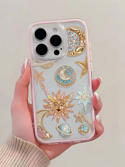 1pc Transparent Phone Case With Pink Frame, Starry Sky Rhinestone Pattern, Shockproof And Anti-Fall Protection Smartphone Cover, Compatible With 16 Pro Max, 17/16/15/14 Plus, 13/12/11 Series Protectiv