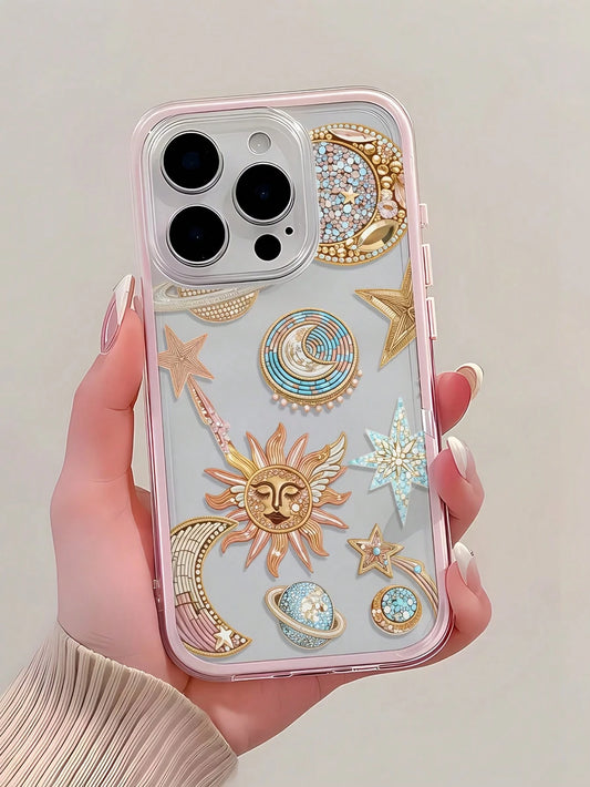 1pc Transparent Phone Case With Pink Frame, Starry Sky Rhinestone Pattern, Shockproof And Anti-Fall Protection Smartphone Cover, Compatible With 16 Pro Max, 17/16/15/14 Plus, 13/12/11 Series Protectiv