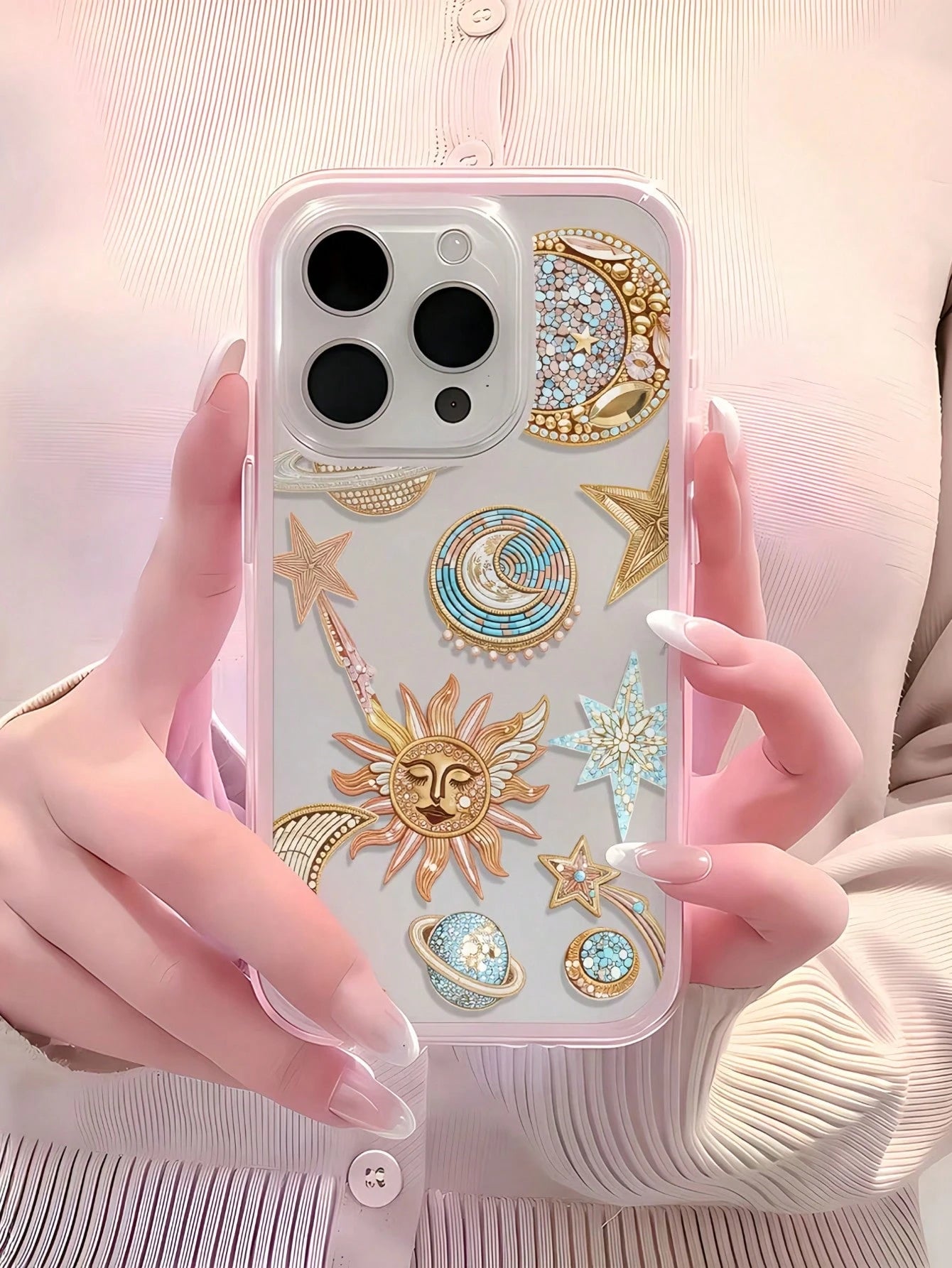 1pc Transparent Phone Case With Pink Frame, Starry Sky Rhinestone Pattern, Shockproof And Anti-Fall Protection Smartphone Cover, Compatible With 16 Pro Max, 17/16/15/14 Plus, 13/12/11 Series Protectiv