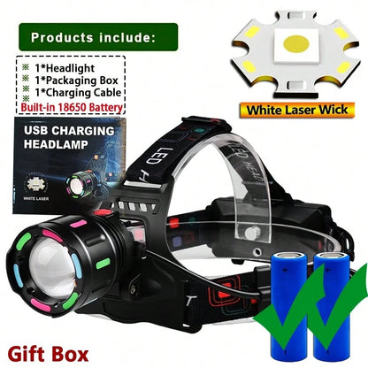 1pc Ultra Bright 2000LM Zoomable LED Headlamp, Dopamine Color Fluorescent Patch Hands Free Head Light, Dual 18650 Battery Type-C Fast Charge Long Lasting Waterproof Headlight For Camping Night Fishing