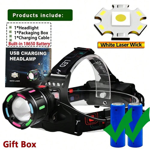 1pc Ultra Bright 2000LM Zoomable LED Headlamp, Dopamine Color Fluorescent Patch Hands Free Head Light, Dual 18650 Battery Type-C Fast Charge Long Lasting Waterproof Headlight For Camping Night Fishing