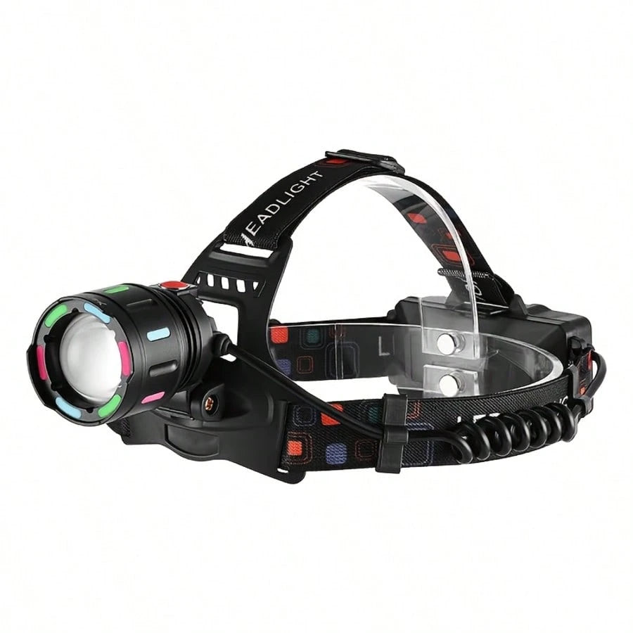 1pc Ultra Bright 2000LM Zoomable LED Headlamp, Dopamine Color Fluorescent Patch Hands Free Head Light, Dual 18650 Battery Type-C Fast Charge Long Lasting Waterproof Headlight For Camping Night Fishing