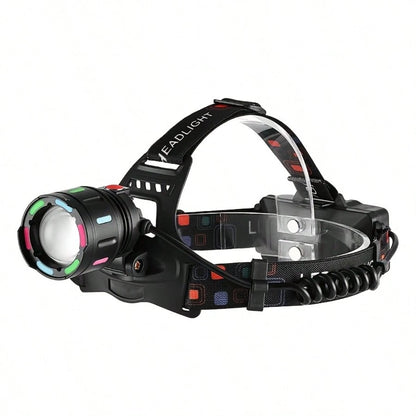 1pc Ultra Bright 2000LM Zoomable LED Headlamp, Dopamine Color Fluorescent Patch Hands Free Head Light, Dual 18650 Battery Type-C Fast Charge Long Lasting Waterproof Headlight For Camping Night Fishing