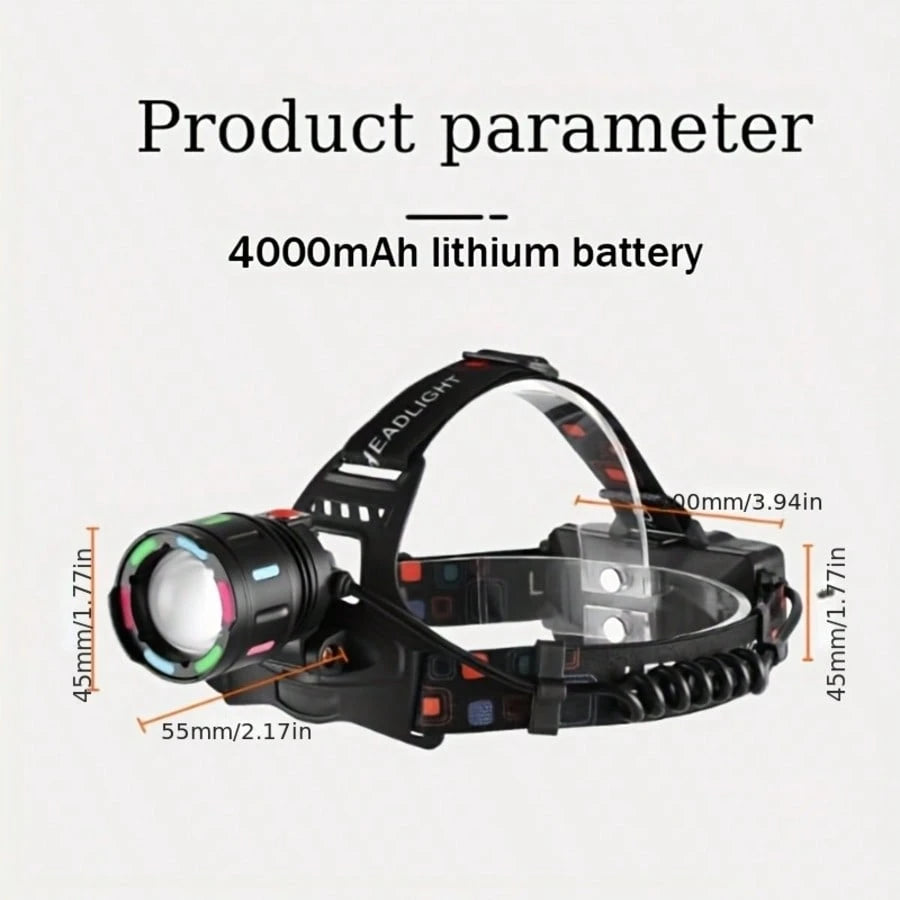 1pc Ultra Bright 2000LM Zoomable LED Headlamp, Dopamine Color Fluorescent Patch Hands Free Head Light, Dual 18650 Battery Type-C Fast Charge Long Lasting Waterproof Headlight For Camping Night Fishing