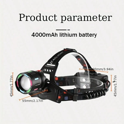 1pc Ultra Bright 2000LM Zoomable LED Headlamp, Dopamine Color Fluorescent Patch Hands Free Head Light, Dual 18650 Battery Type-C Fast Charge Long Lasting Waterproof Headlight For Camping Night Fishing