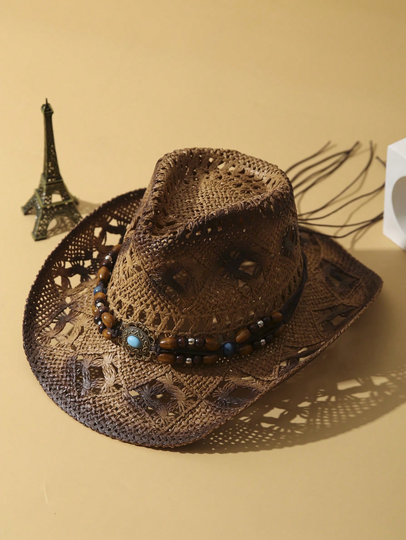 1Pc Unisex Wooden Bead Decor Hollow Out Dyeing Printed Summer Handmade Wide Brim Travel Shade Breathable With Beaded Trim Band Hand Woven Cowgirl Hat Cowboy Hat Boho Beach Hat Sun Hat Straw Hat
