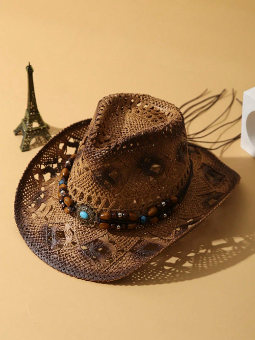 1Pc Unisex Wooden Bead Decor Hollow Out Dyeing Printed Summer Handmade Wide Brim Travel Shade Breathable With Beaded Trim Band Hand Woven Cowgirl Hat Cowboy Hat Boho Beach Hat Sun Hat Straw Hat
