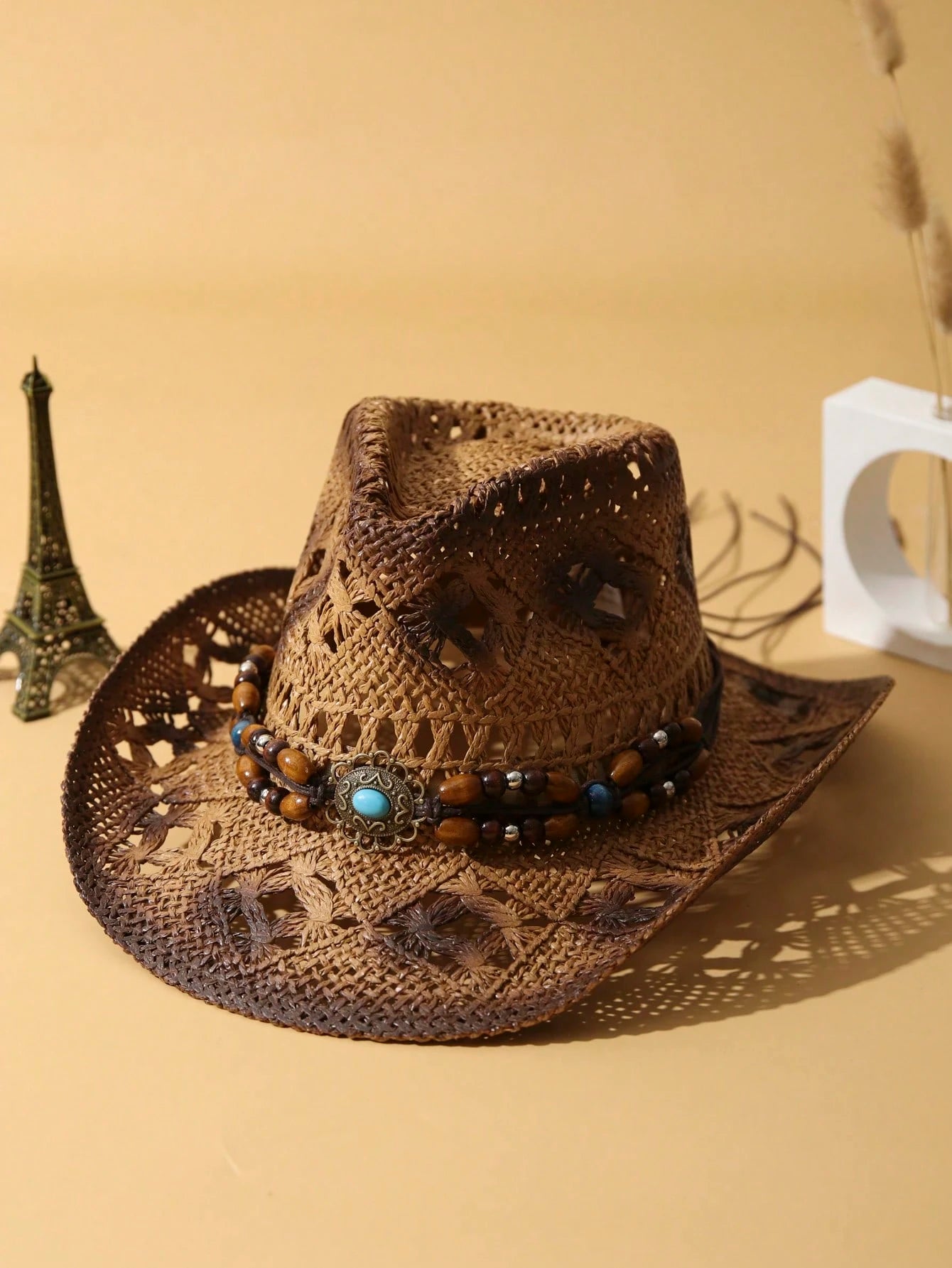 1Pc Unisex Wooden Bead Decor Hollow Out Dyeing Printed Summer Handmade Wide Brim Travel Shade Breathable With Beaded Trim Band Hand Woven Cowgirl Hat Cowboy Hat Boho Beach Hat Sun Hat Straw Hat