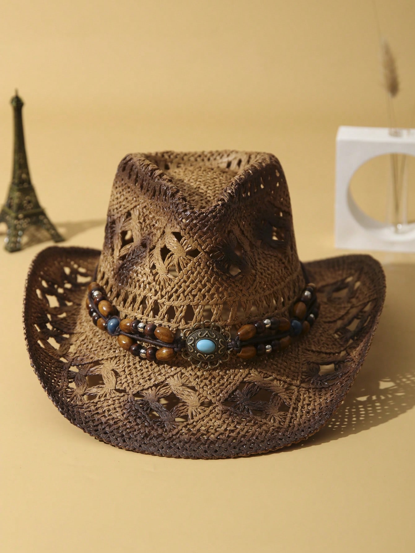 1Pc Unisex Wooden Bead Decor Hollow Out Dyeing Printed Summer Handmade Wide Brim Travel Shade Breathable With Beaded Trim Band Hand Woven Cowgirl Hat Cowboy Hat Boho Beach Hat Sun Hat Straw Hat