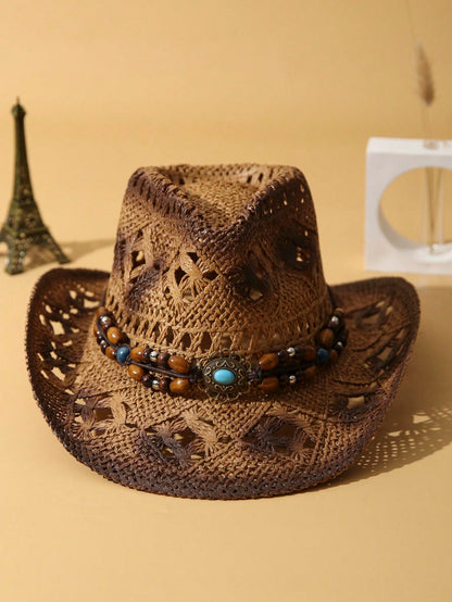 1Pc Unisex Wooden Bead Decor Hollow Out Dyeing Printed Summer Handmade Wide Brim Travel Shade Breathable With Beaded Trim Band Hand Woven Cowgirl Hat Cowboy Hat Boho Beach Hat Sun Hat Straw Hat