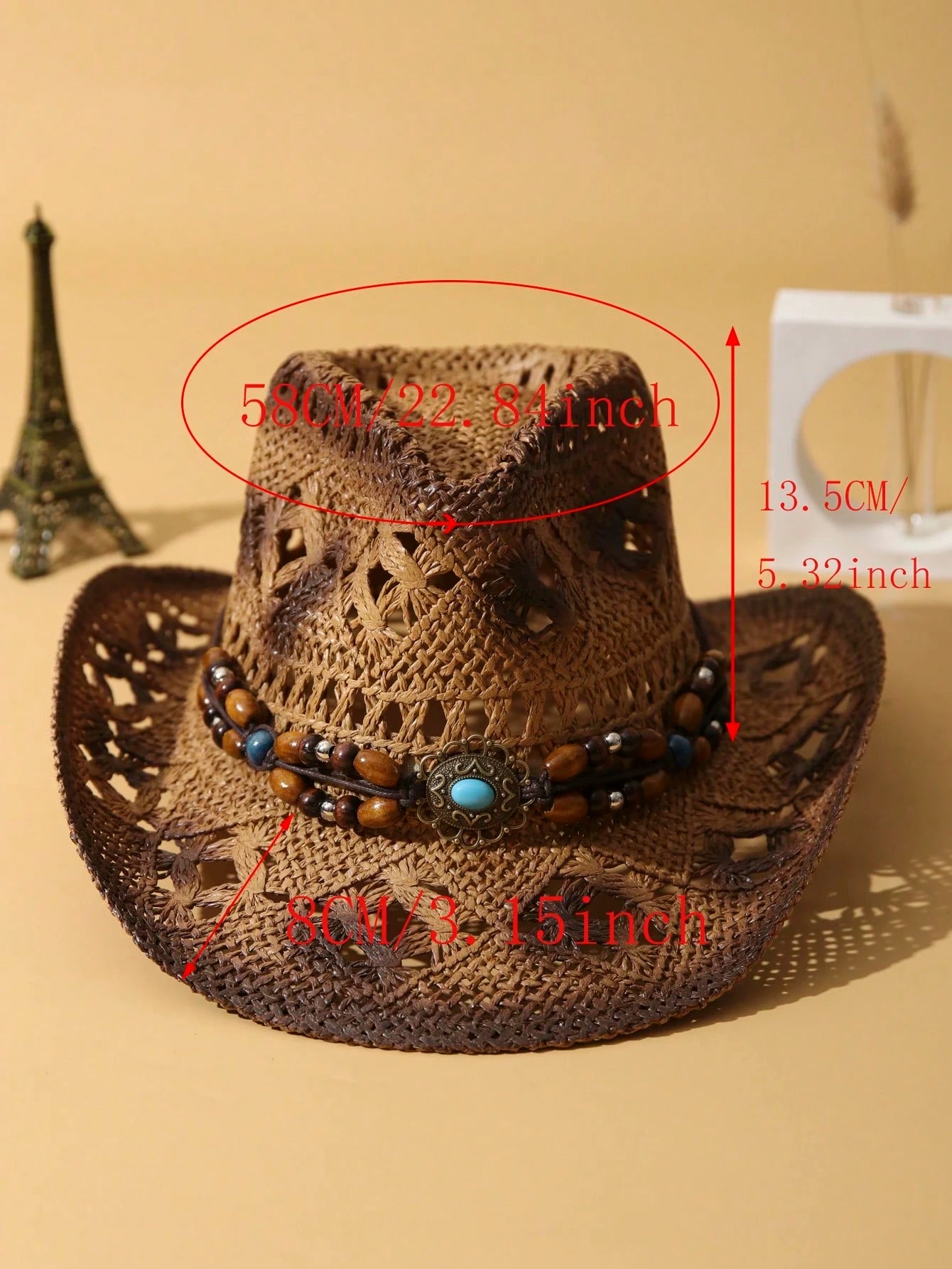 1Pc Unisex Wooden Bead Decor Hollow Out Dyeing Printed Summer Handmade Wide Brim Travel Shade Breathable With Beaded Trim Band Hand Woven Cowgirl Hat Cowboy Hat Boho Beach Hat Sun Hat Straw Hat