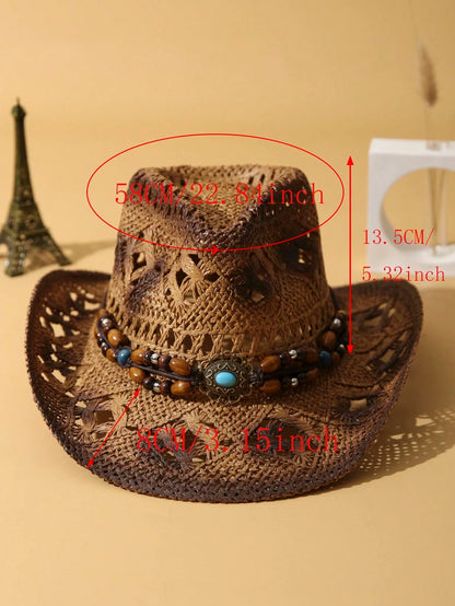 1Pc Unisex Wooden Bead Decor Hollow Out Dyeing Printed Summer Handmade Wide Brim Travel Shade Breathable With Beaded Trim Band Hand Woven Cowgirl Hat Cowboy Hat Boho Beach Hat Sun Hat Straw Hat