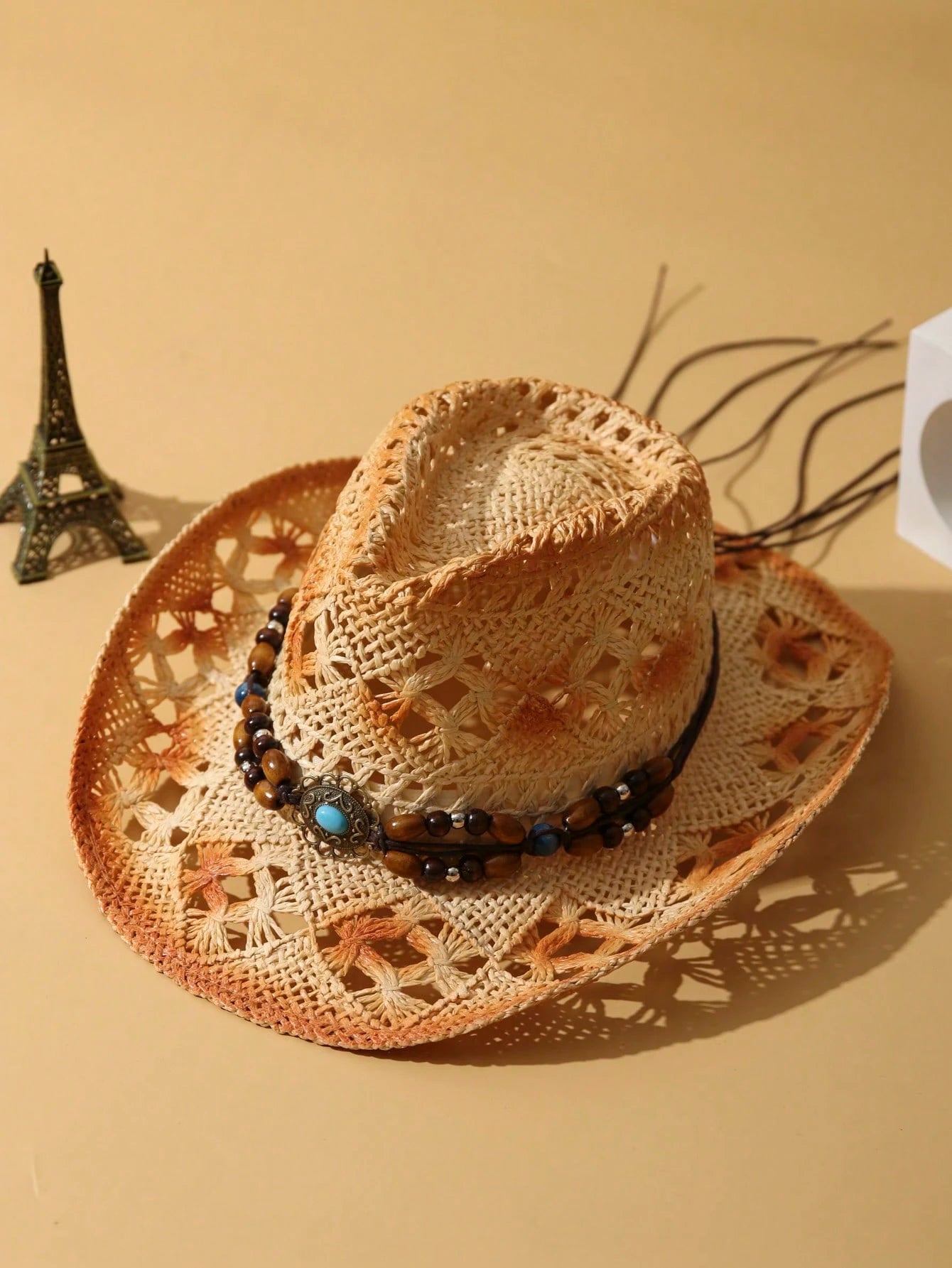 1Pc Unisex Wooden Bead Decor Hollow Out Dyeing Printed Summer Handmade Wide Brim Travel Shade Breathable With Beaded Trim Band Hand Woven Cowgirl Hat Cowboy Hat Boho Beach Hat Sun Hat Straw Hat