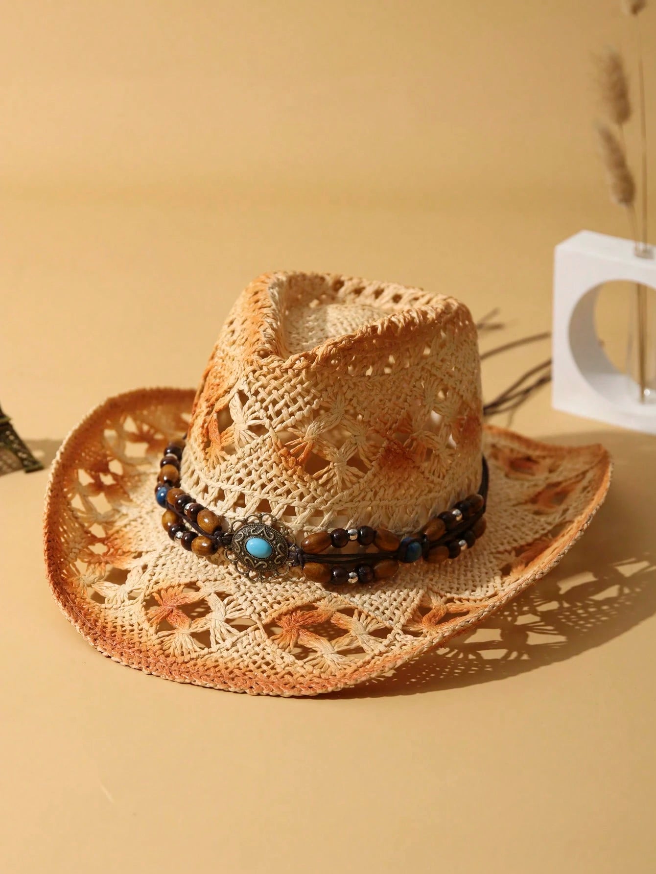 1Pc Unisex Wooden Bead Decor Hollow Out Dyeing Printed Summer Handmade Wide Brim Travel Shade Breathable With Beaded Trim Band Hand Woven Cowgirl Hat Cowboy Hat Boho Beach Hat Sun Hat Straw Hat