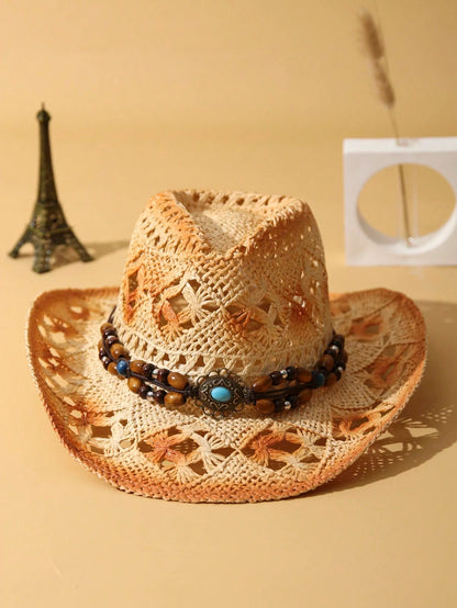 1Pc Unisex Wooden Bead Decor Hollow Out Dyeing Printed Summer Handmade Wide Brim Travel Shade Breathable With Beaded Trim Band Hand Woven Cowgirl Hat Cowboy Hat Boho Beach Hat Sun Hat Straw Hat