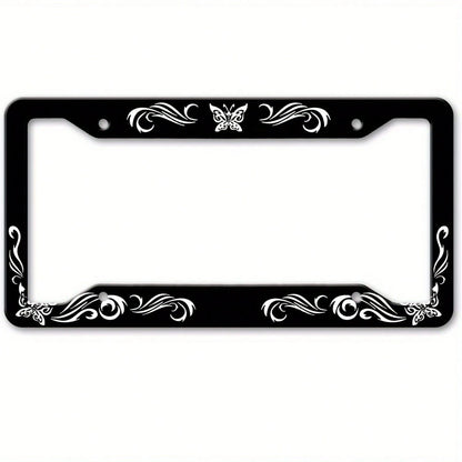 1Pc Vintage Floral Butterfly Black Metal License Plate Frame,12.2*6.3Inch,2 Holes Easy Install,Unisex Front Rear Bumper Decor,Sturdy Vehicle Accessory,License Plate,Car Decor,Mothers Day,Birthday Gift