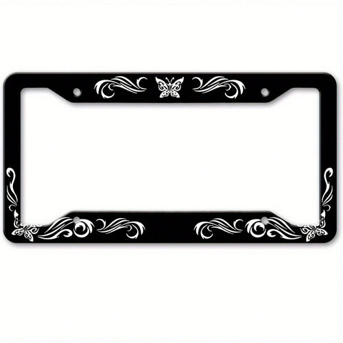 1Pc Vintage Floral Butterfly Black Metal License Plate Frame,12.2*6.3Inch,2 Holes Easy Install,Unisex Front Rear Bumper Decor,Sturdy Vehicle Accessory,License Plate,Car Decor,Mothers Day,Birthday Gift