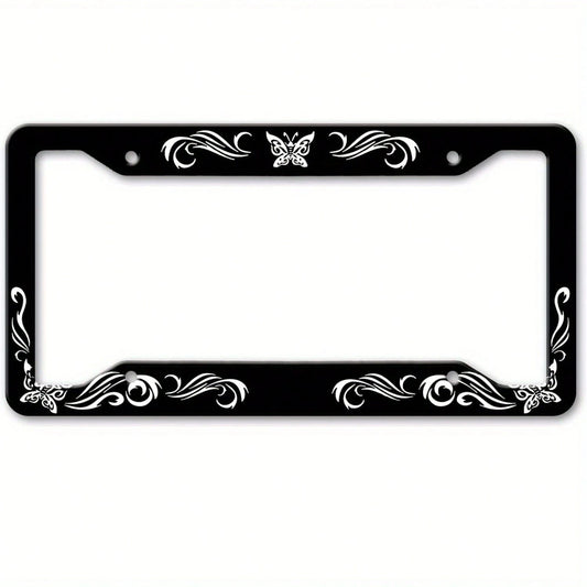 1Pc Vintage Floral Butterfly Black Metal License Plate Frame,12.2*6.3Inch,2 Holes Easy Install,Unisex Front Rear Bumper Decor,Sturdy Vehicle Accessory,License Plate,Car Decor,Mothers Day,Birthday Gift