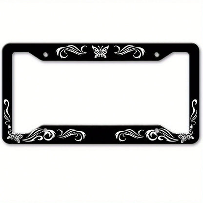 1Pc Vintage Floral Butterfly Black Metal License Plate Frame,12.2*6.3Inch,2 Holes Easy Install,Unisex Front Rear Bumper Decor,Sturdy Vehicle Accessory,License Plate,Car Decor,Mothers Day,Birthday Gift