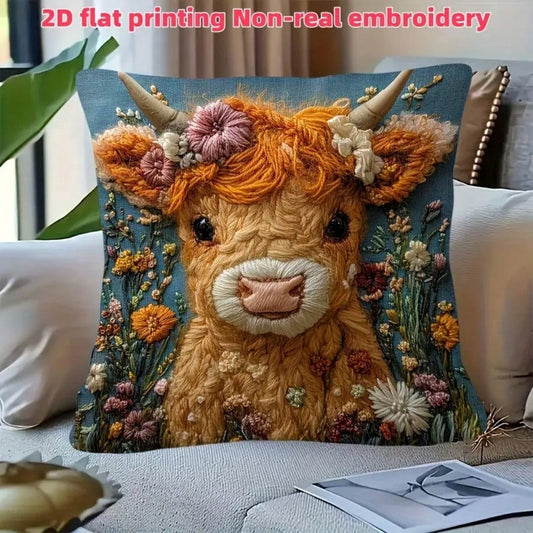 1pc Vintage Highland Cow Decorative Pillow Cover, 2D Embroidery-Like Print, 18X18 Inches, Plush Fabric, Zippered, Cute Highland Calf, For Living Room Sofa Decor, Pillow Insert Not Included