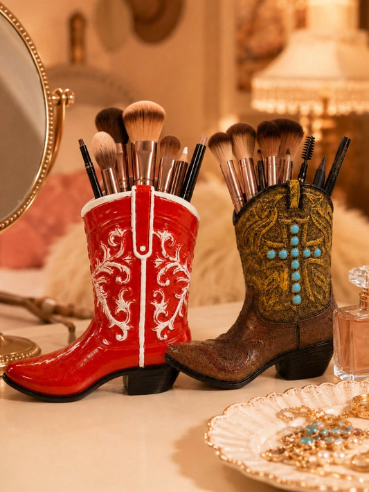 1pc Vintage Western Cowboy Boot Makeup Brush Holder, Cowgirl Boot Vase, Retro Resin Cosmetic Brush Organizer & Pen Holder For Vanity Desk, Rustic Farmhouse Western Room Decor, Bedroom Bathroom Counter