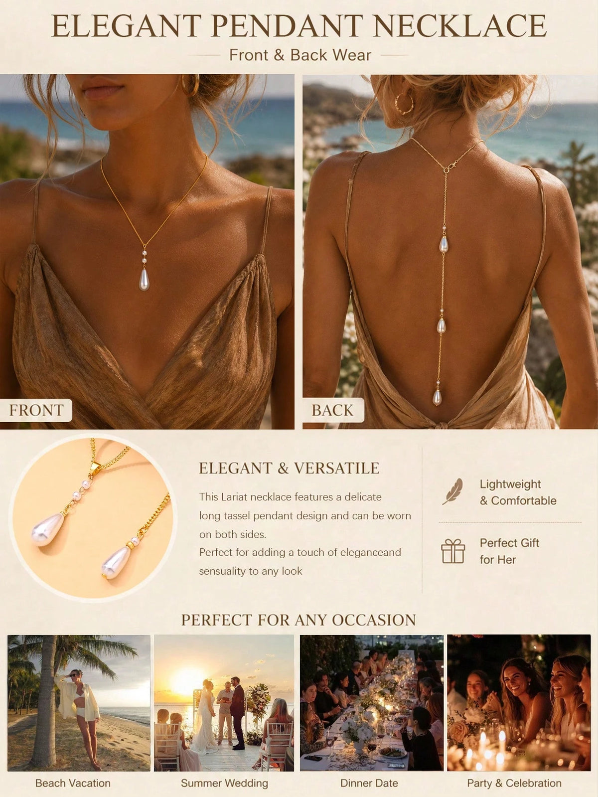 1pc Water Drop Pearl Necklace, Convertible Front And Back Chain, Elegant Backless Dress Jewelry, Women's Bridal Jewelry