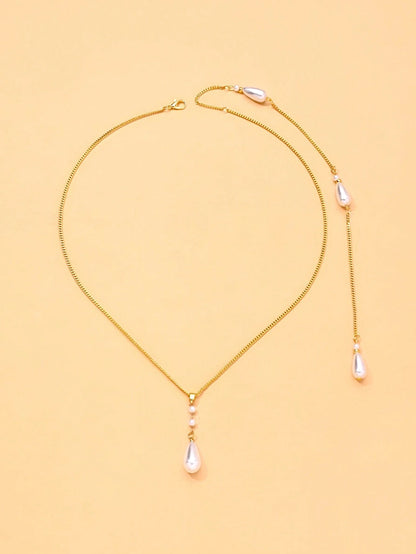 1pc Water Drop Pearl Necklace, Convertible Front And Back Chain, Elegant Backless Dress Jewelry, Women's Bridal Jewelry