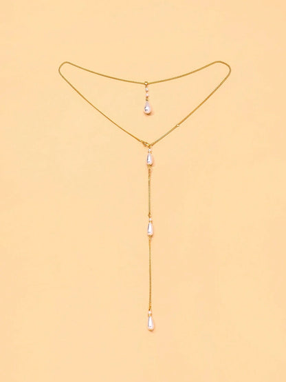 1pc Water Drop Pearl Necklace, Convertible Front And Back Chain, Elegant Backless Dress Jewelry, Women's Bridal Jewelry