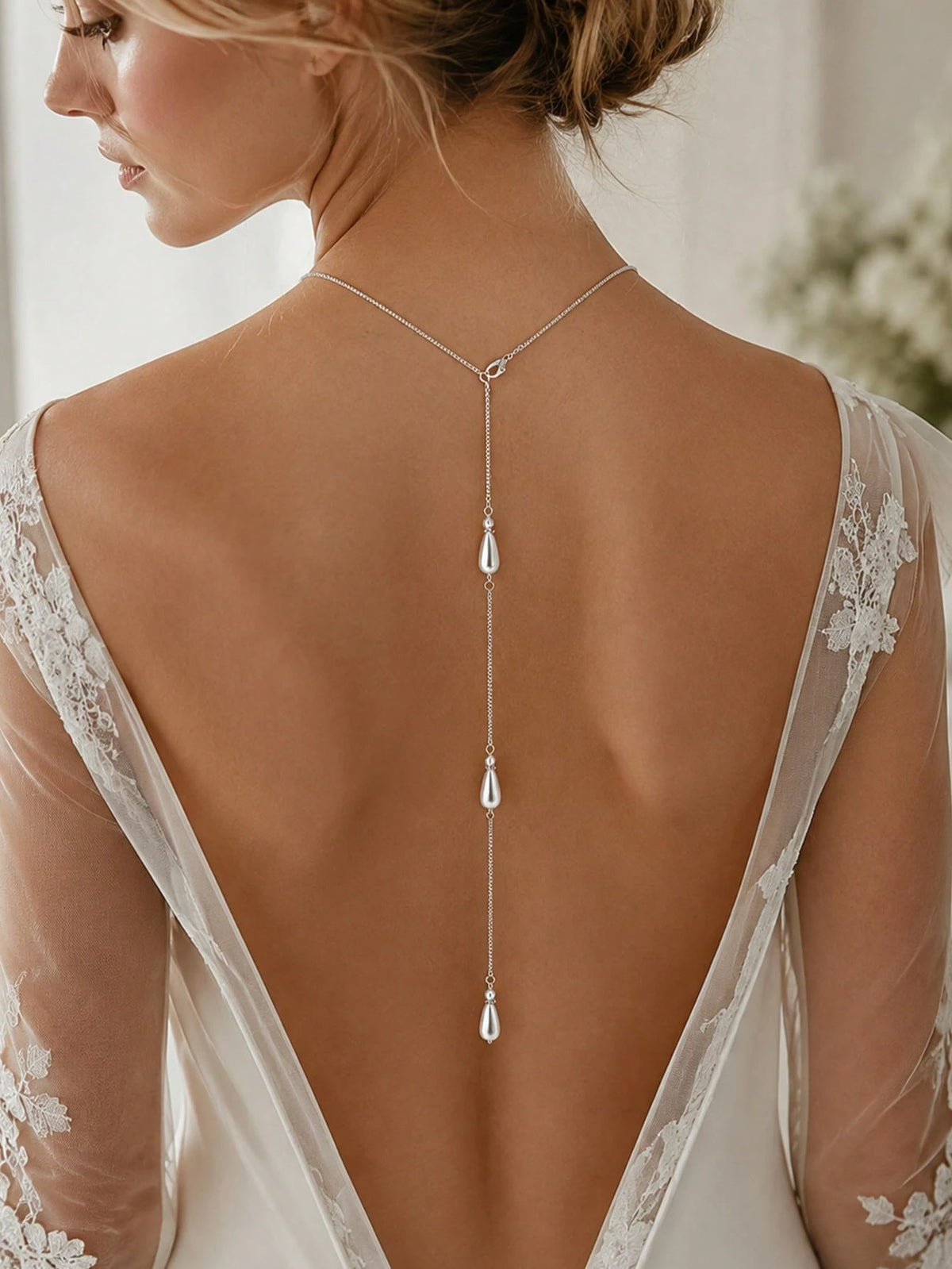 1pc Water Drop Pearl Necklace, Convertible Front And Back Chain, Elegant Backless Dress Jewelry, Women's Bridal Jewelry