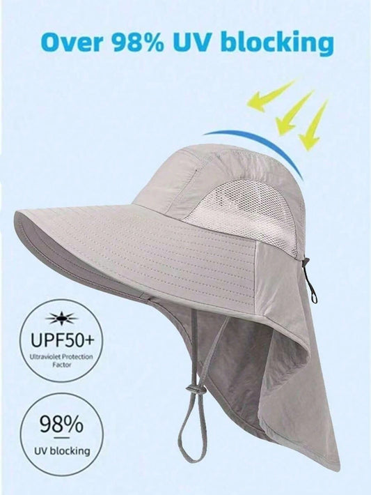 1pc Waterproof, Quick-Drying Wide-Brimmed Sun Hat, Breathable Hiking Sun Protection Neck Strap/Fishing Hat For Men And Women, Suitable For Summer Use.