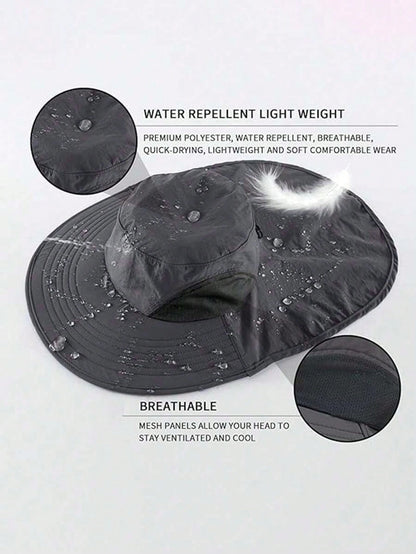1pc Waterproof, Quick-Drying Wide-Brimmed Sun Hat, Breathable Hiking Sun Protection Neck Strap/Fishing Hat For Men And Women, Suitable For Summer Use.